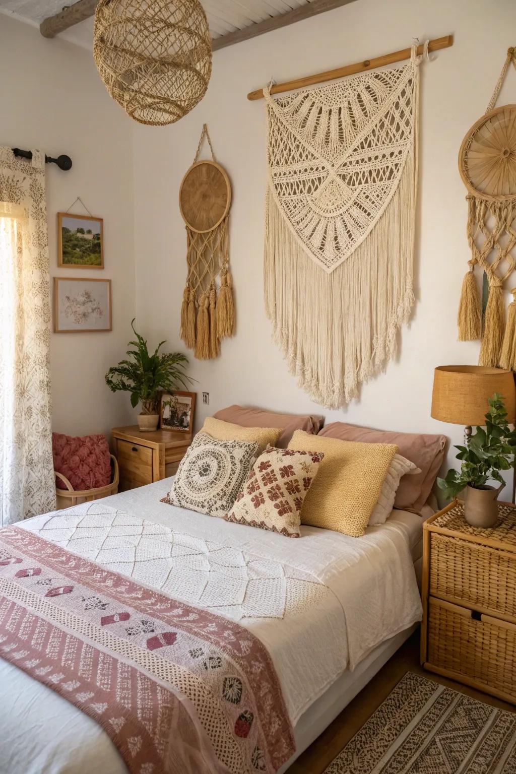 A bohemian twist contributes a relaxed vibe to this modern shabby chic bedroom.