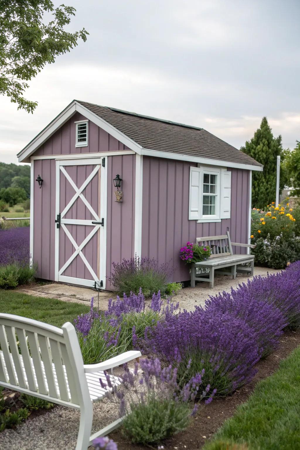 A soft lavender shed offering a peaceful garden getaway.