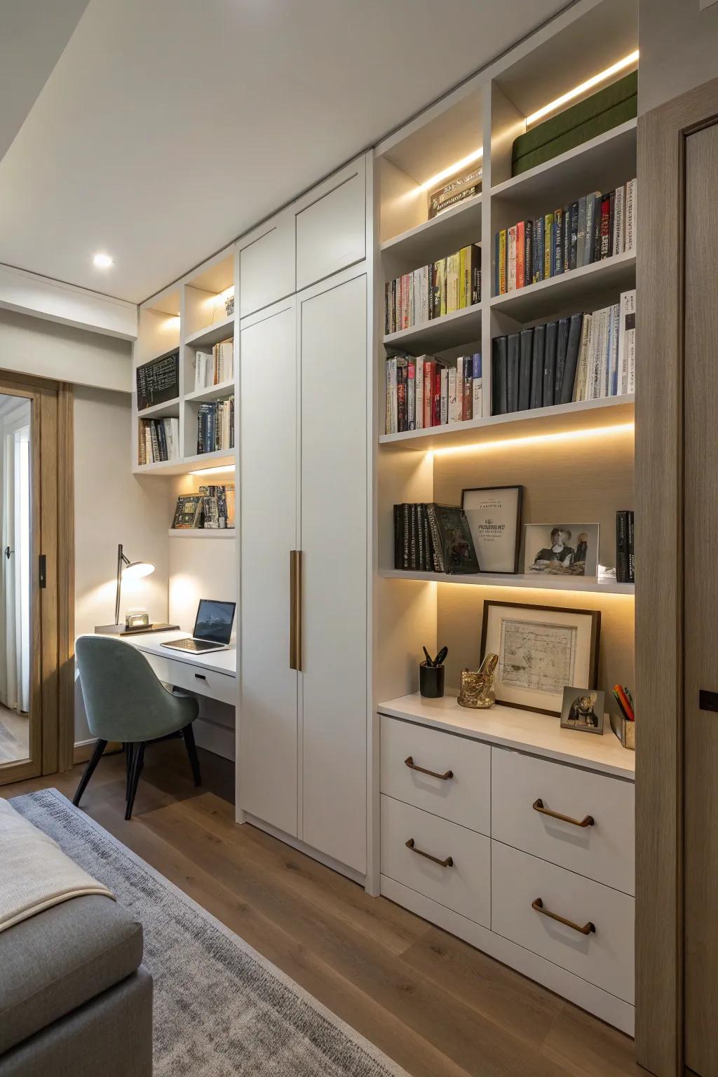 An organized study featuring smart storage solutions.