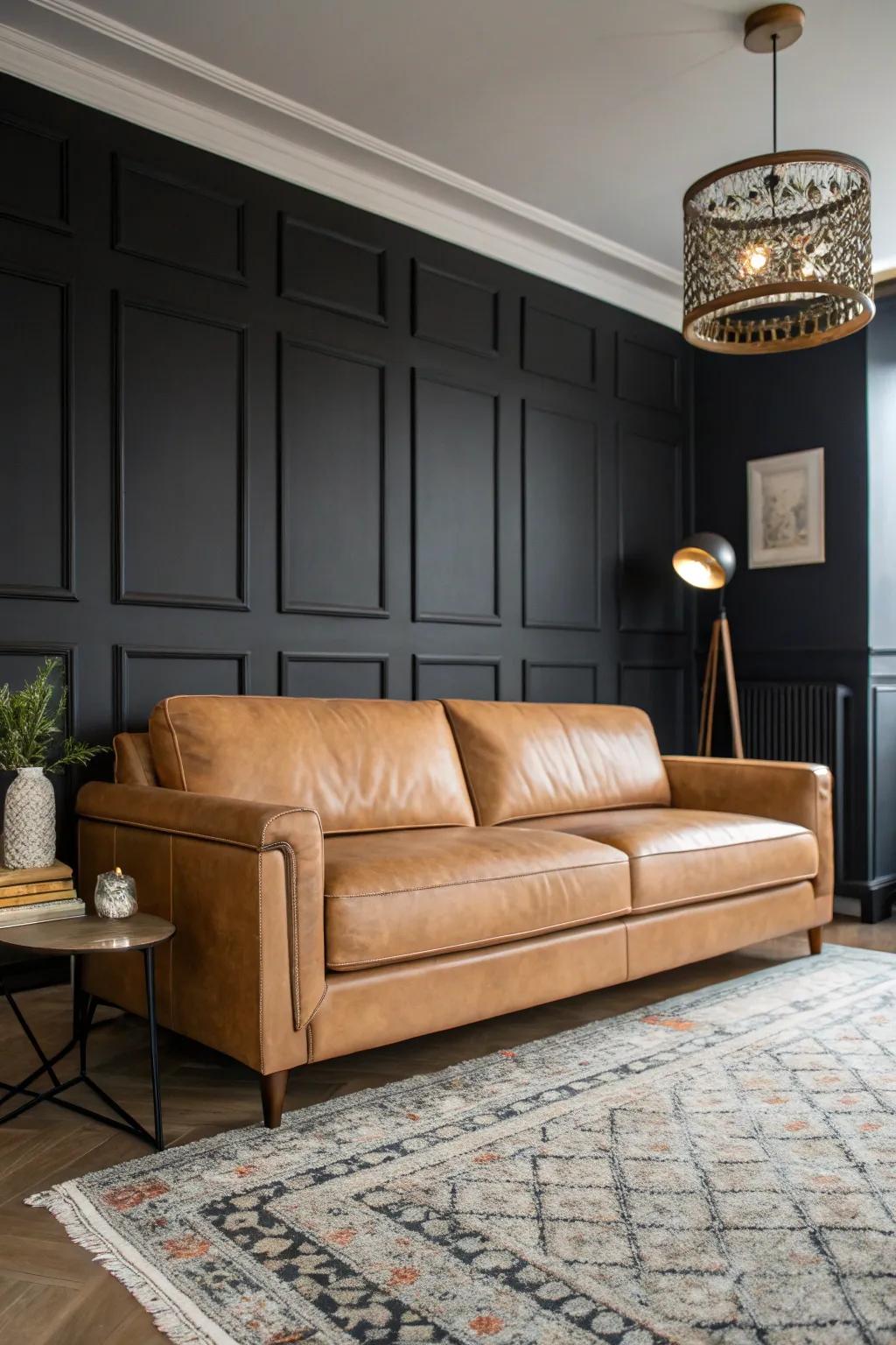 Deep-hued walls establish a striking contrast with a tawny hide couch.