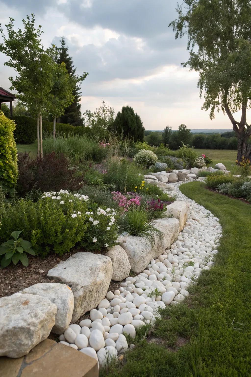 A garden with unaltered stone borders complementing pale stones, blending rustic and contemporary constituents.