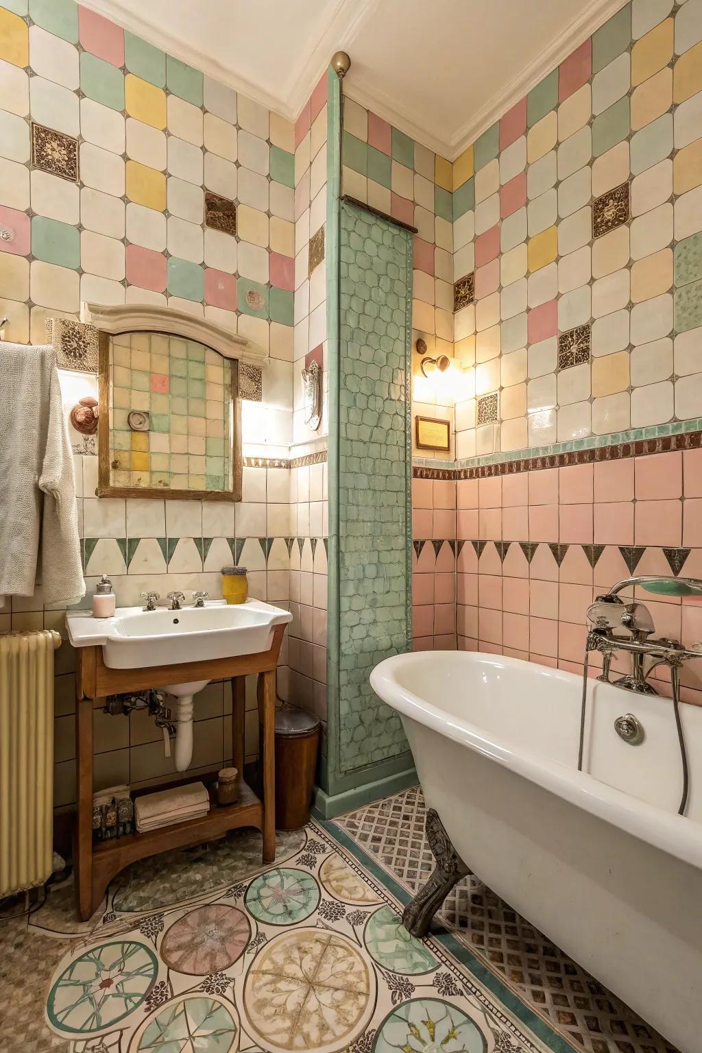 A bathroom using classic mosaic tiles, filled with vintage charm.