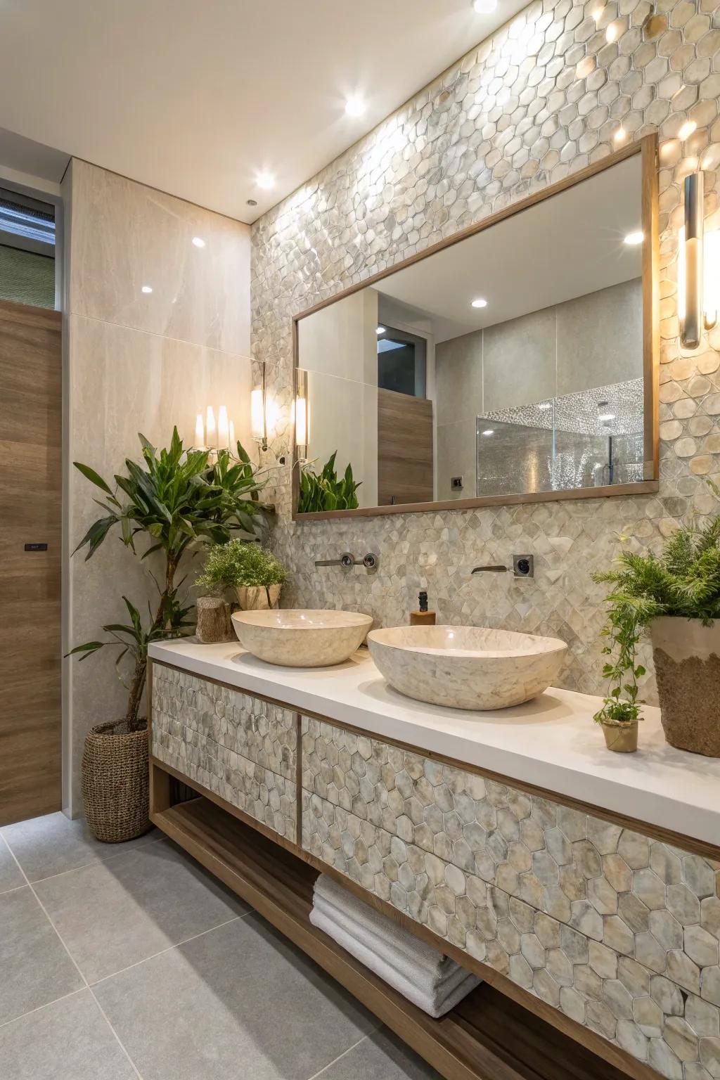 Environmentally sound elegance with sustainably sourced mother of pearl tiles.