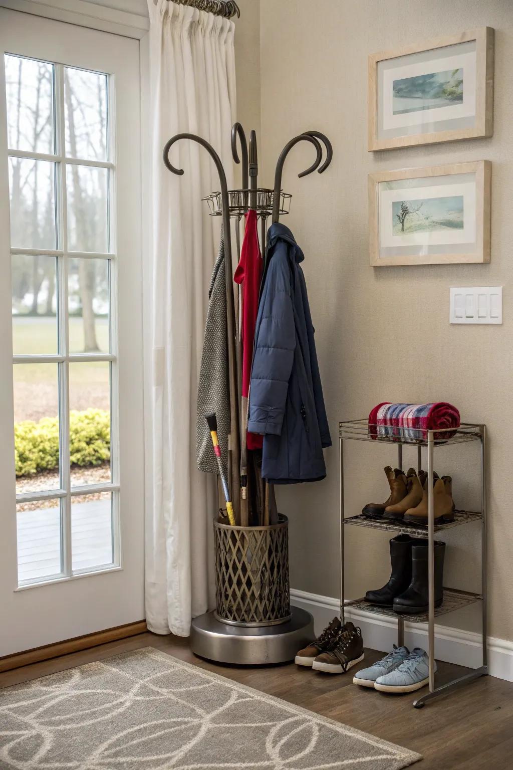 Mudroom featuring a stylish freestanding umbrella holder.