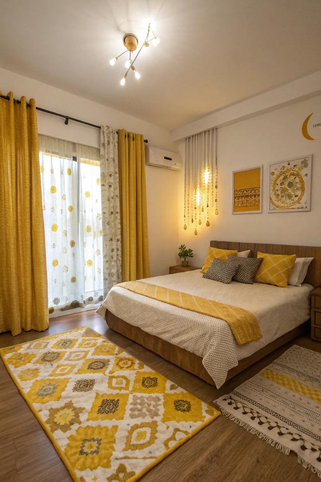 A sleeping chamber showcasing vivacious amber patterned floor coverings and window treatments.