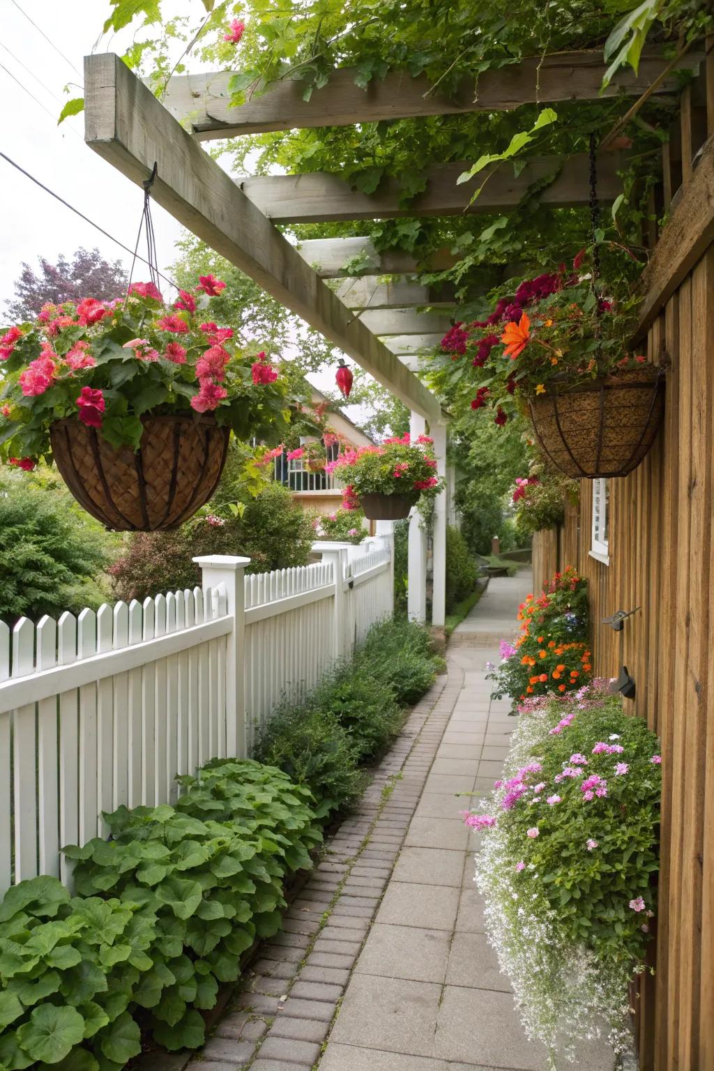 Suspended planters incorporate lavish greenery to a narrow garden.
