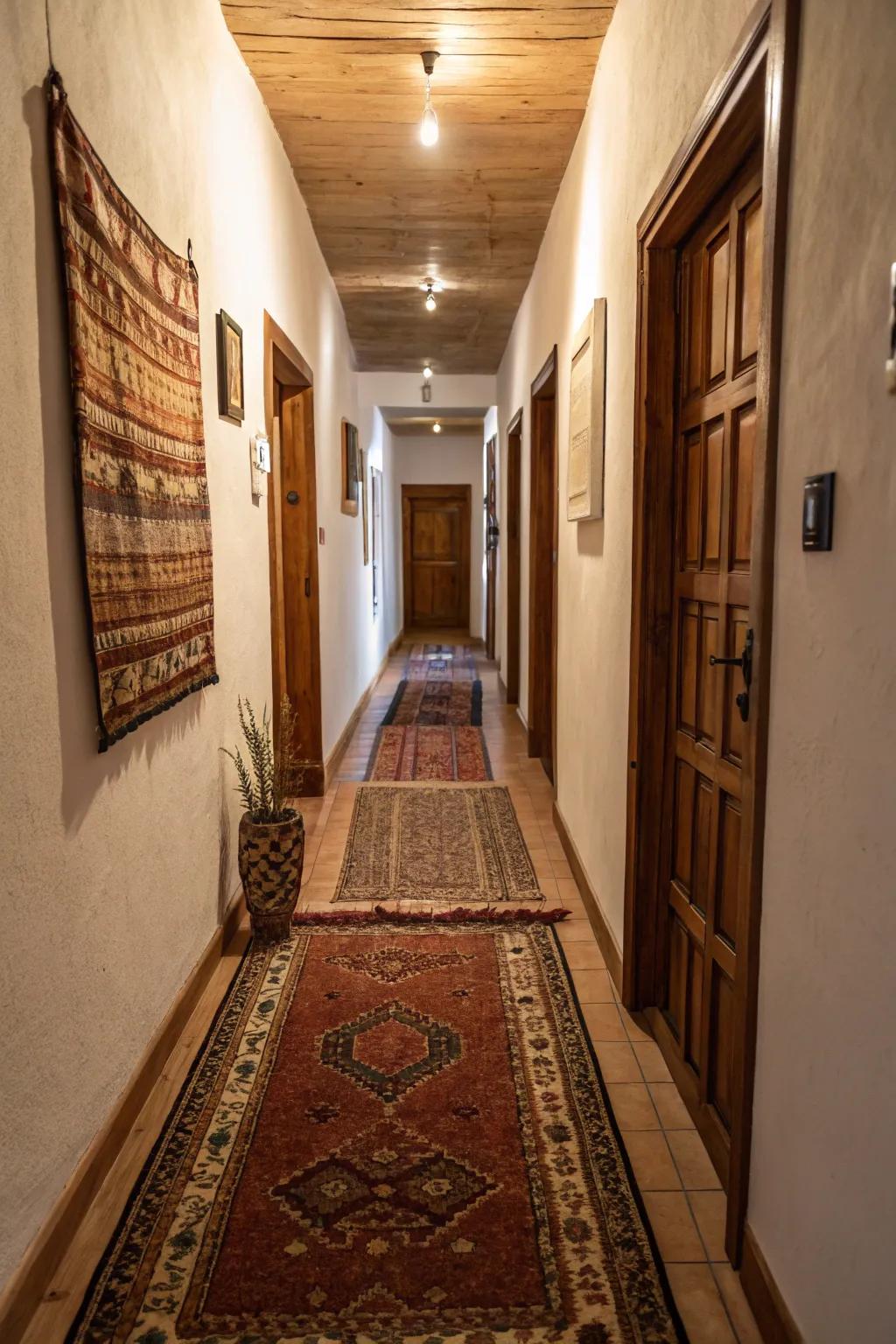 Layered carpets append warmth, texture, and visual elongation to a slender entryway.