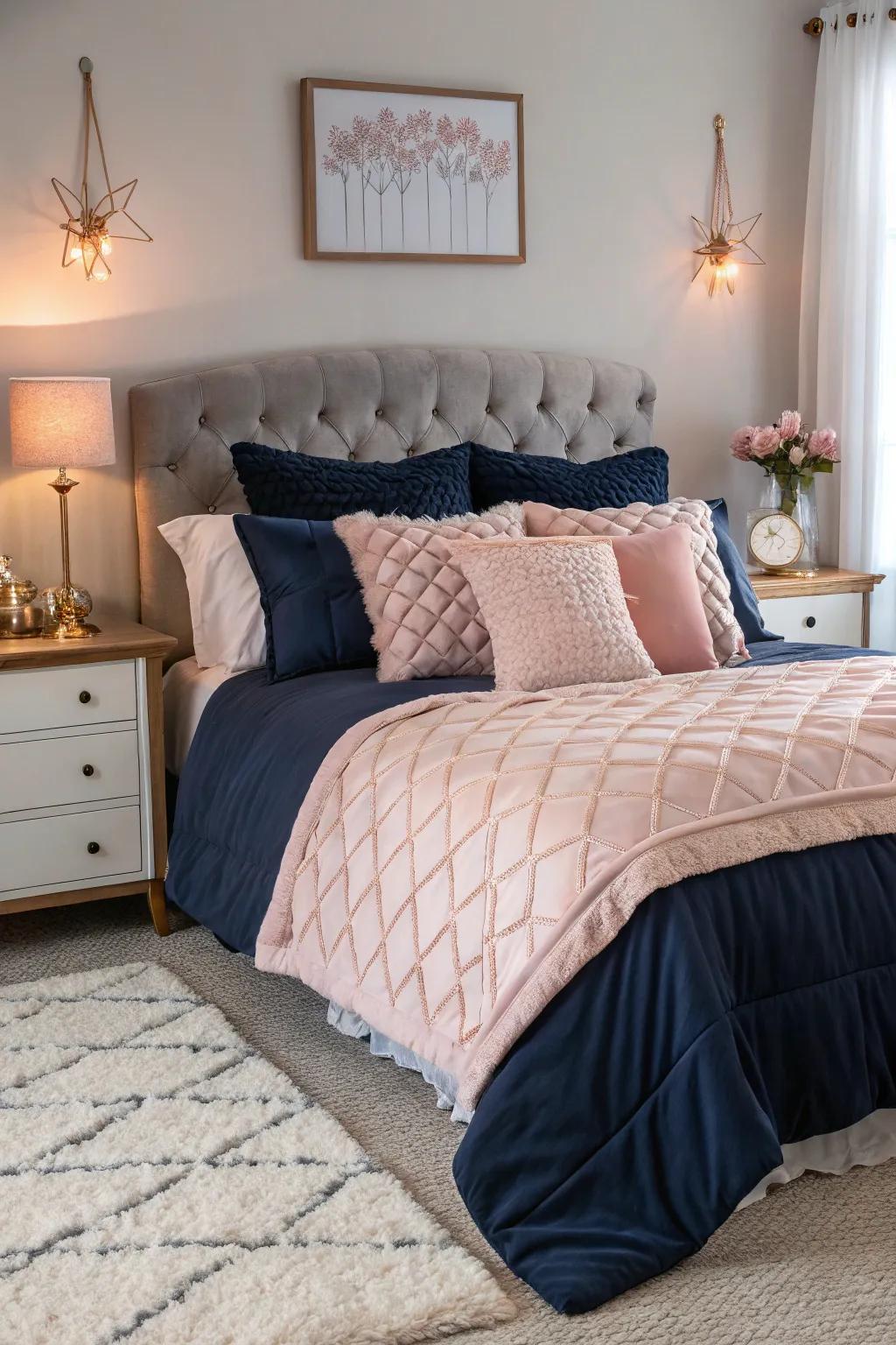 With dark blue and blush pink bedding, you may create elegance.