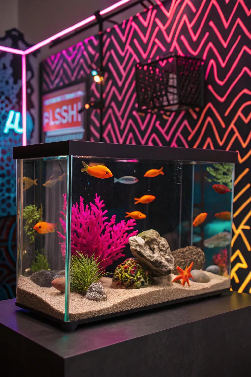 An eclectic meld of fluorescent aesthetics fashions a uniquely vibrant aquarium.