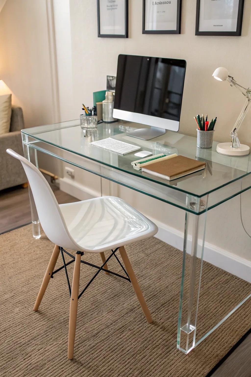 Opt for translucent furnishings to instill a sense of airiness within a compact office.