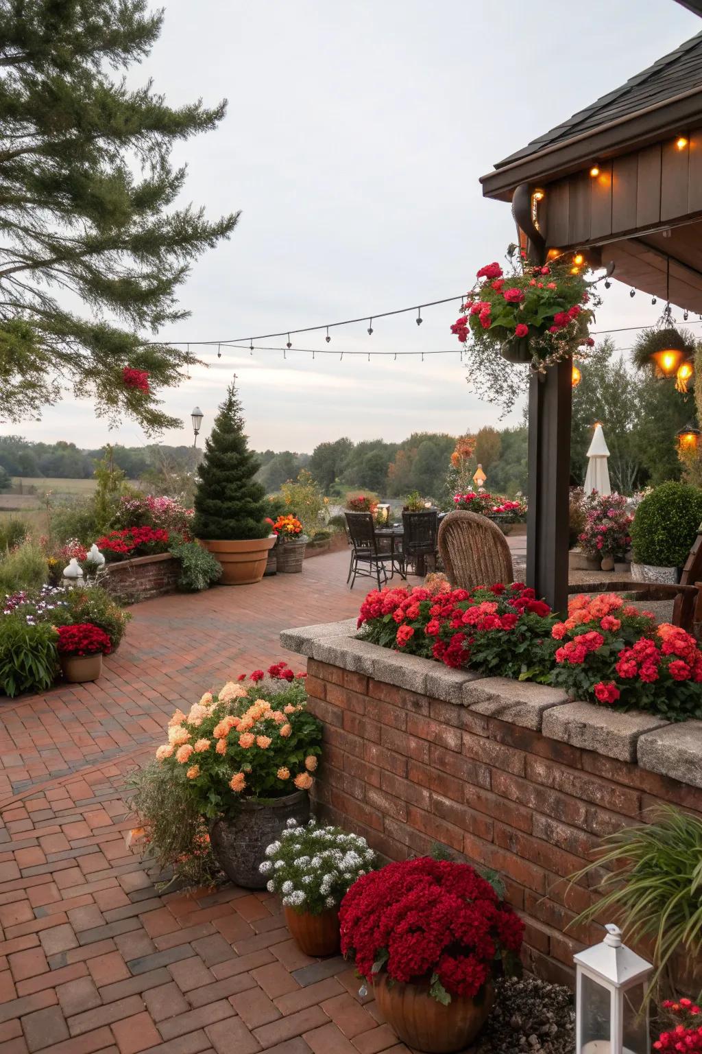 Seasonal flora retains the patio fresh and welcoming