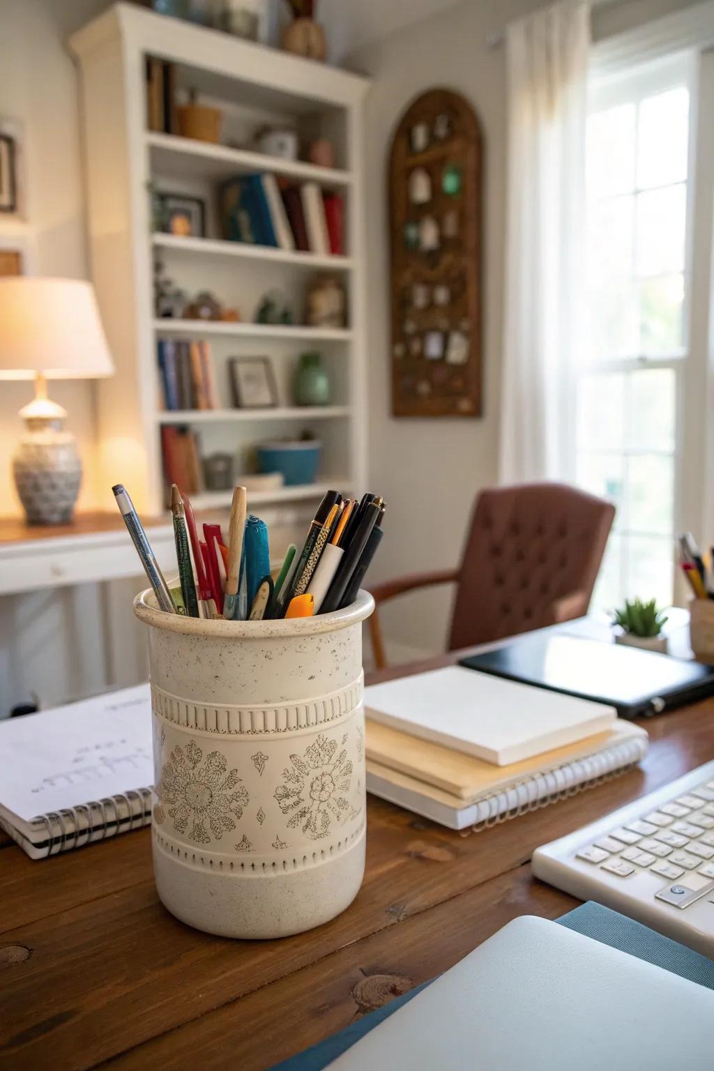 Organize your workplace implements with a chic earthenware holder.