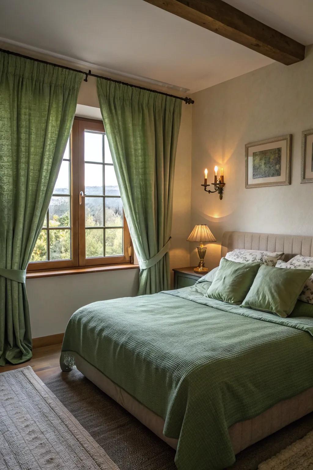 Olive green curtains complete the harmonious aesthetic with the bedding.