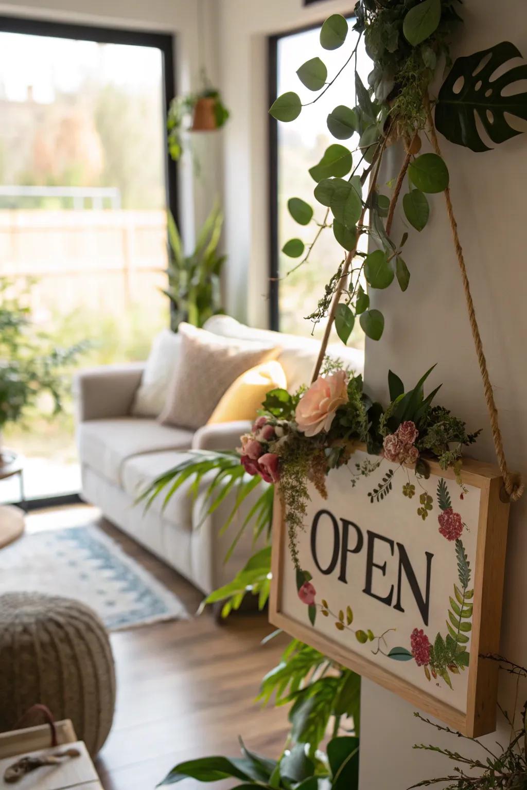 Establish a serene environment with a nature-inspired welcome display.