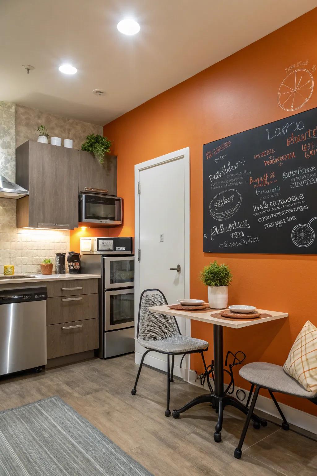 A cooking area that combines enjoyment and utility with an orange writing surface.