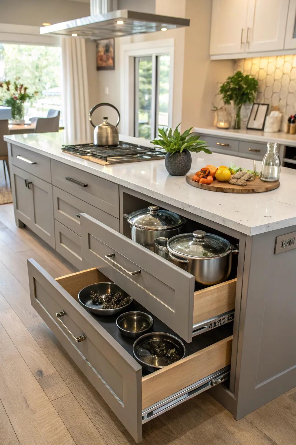 A reimagined kitchen island includes pot and pan storage.