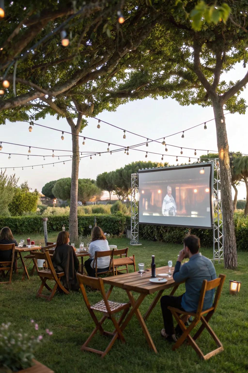 An alfresco feasting area poised for a cinematic evening.
