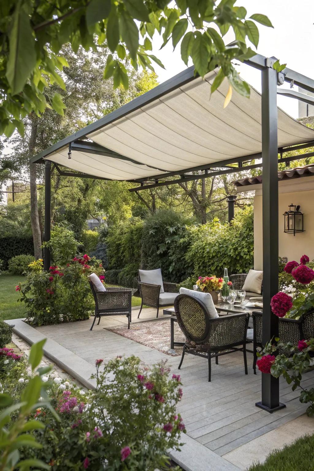 A flexible covering furnishes shade and versatility for your outdoor personal sanctuary.