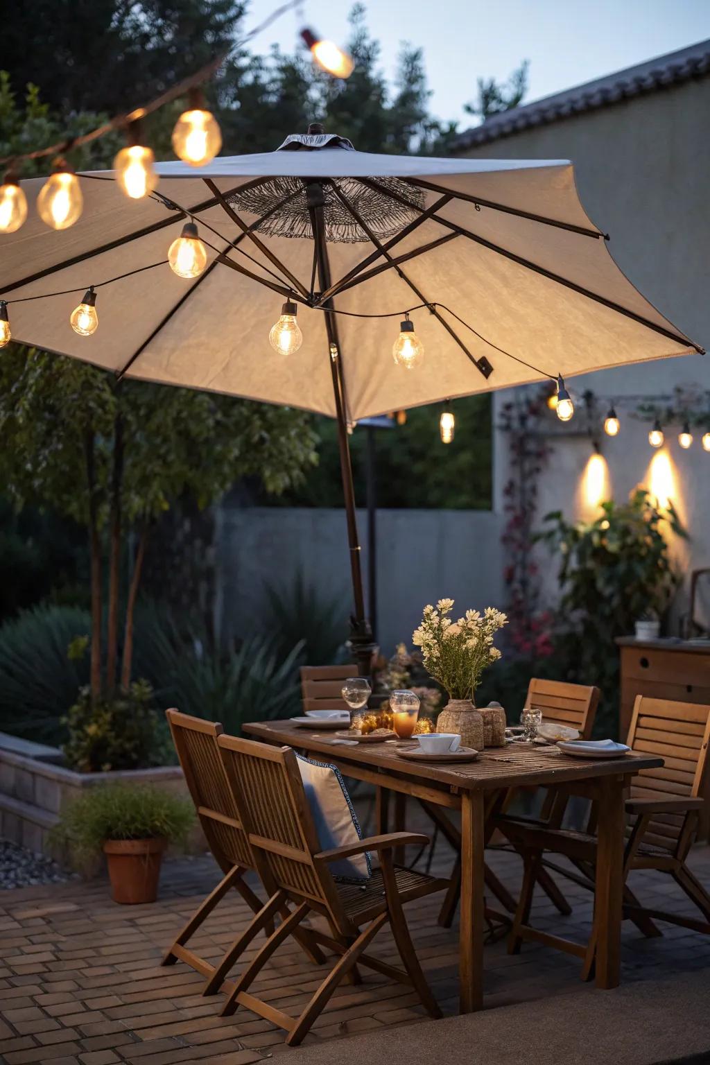 Umbrella lights for a cozy dining experience.