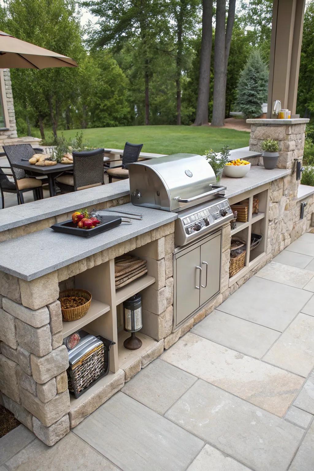Integrated storage maintains your BBQ essentials tidy and accessible.