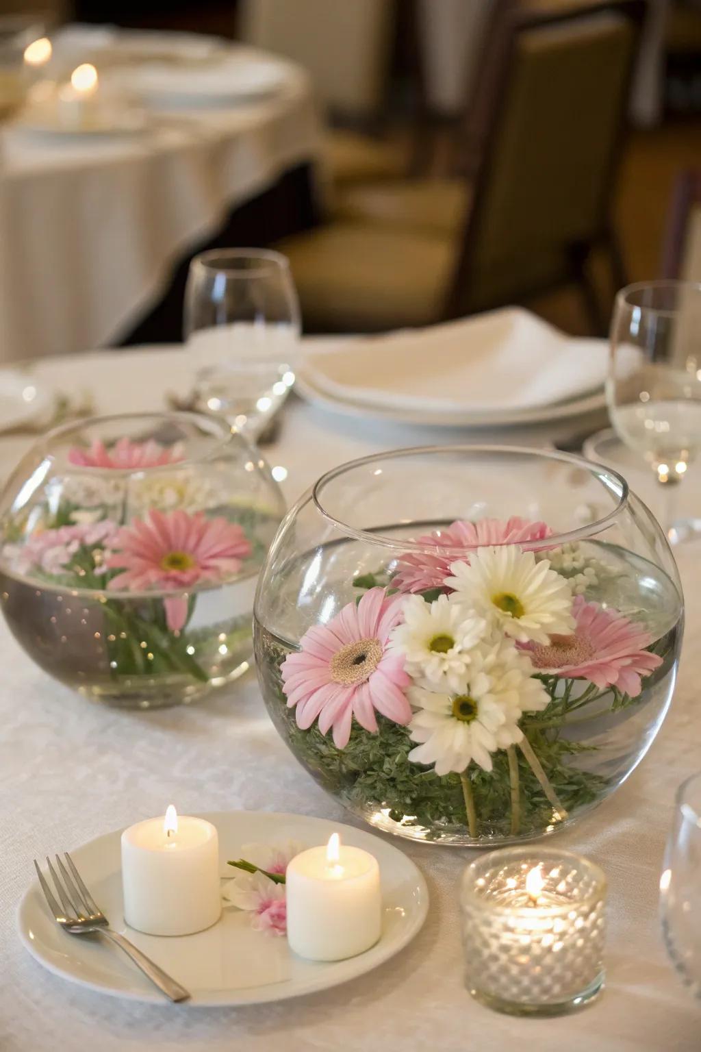 A dreamy centerpiece featuring flowers in water.