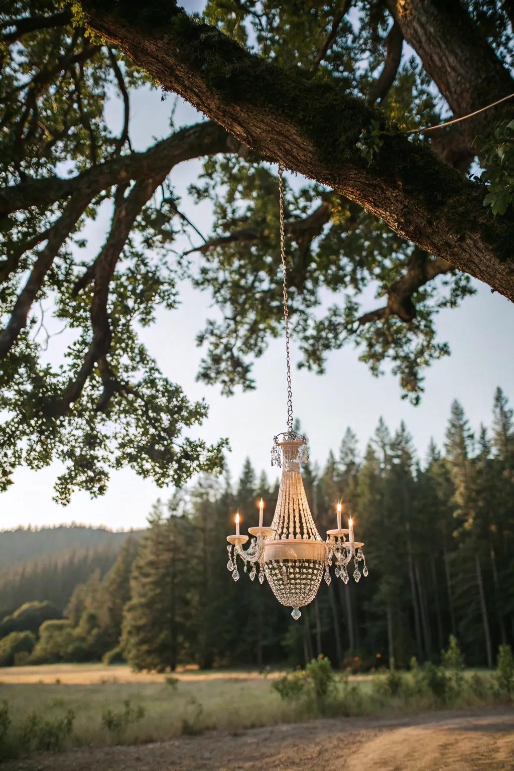 A pendant light adds unexpected elegance to the outdoor setting.