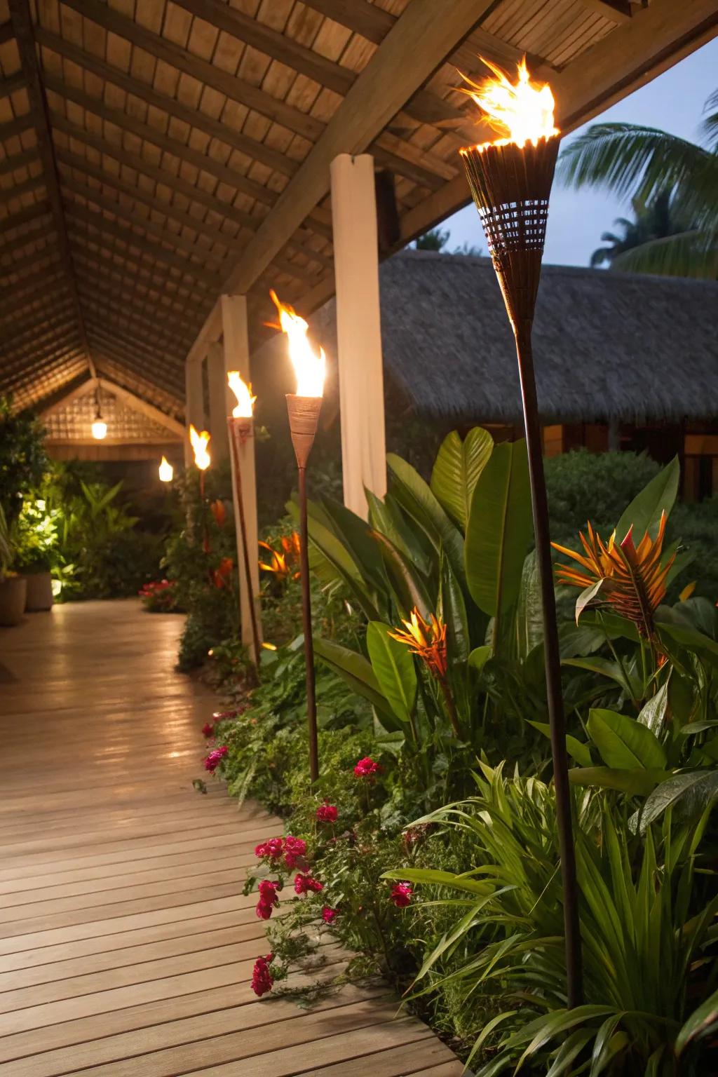 Flambeaus append a tropical vibe and natural light derivation to your patio.