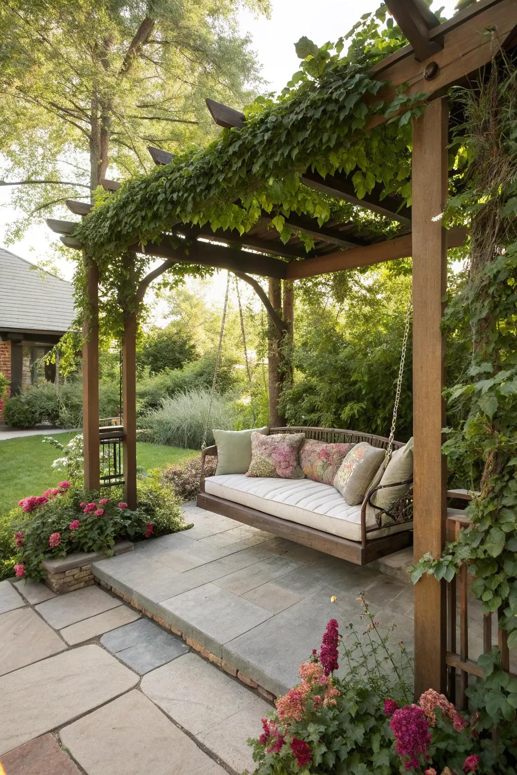A lattice structure with a swing provides a shaded spot for relaxation.