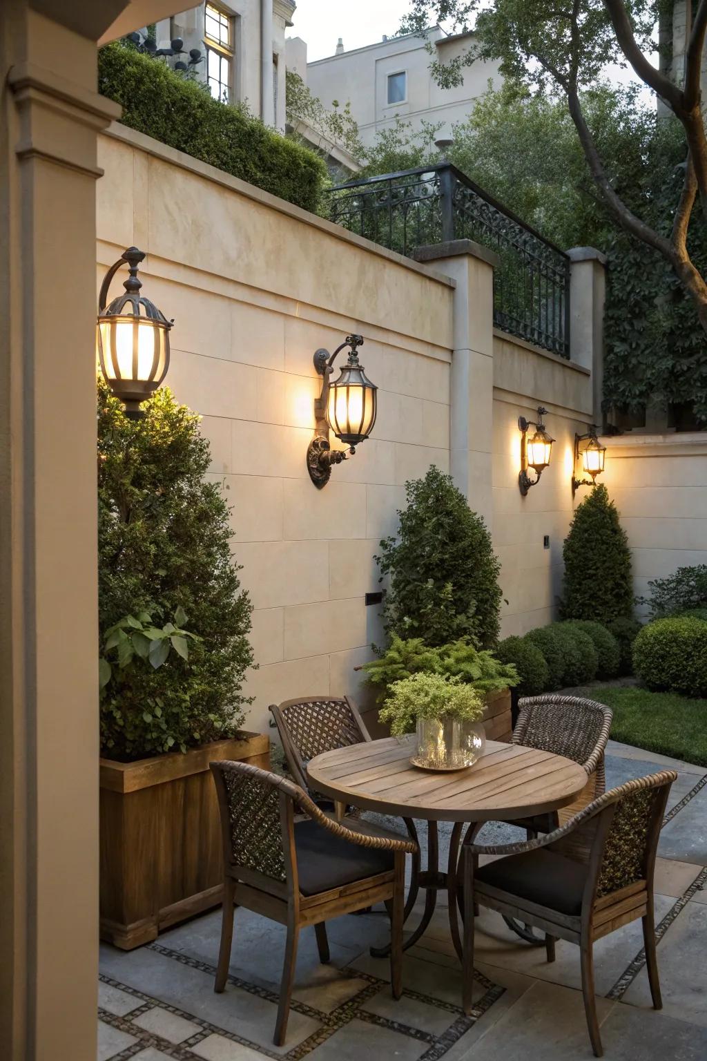 Wall fixtures introduce sophistication and light to a small patio.