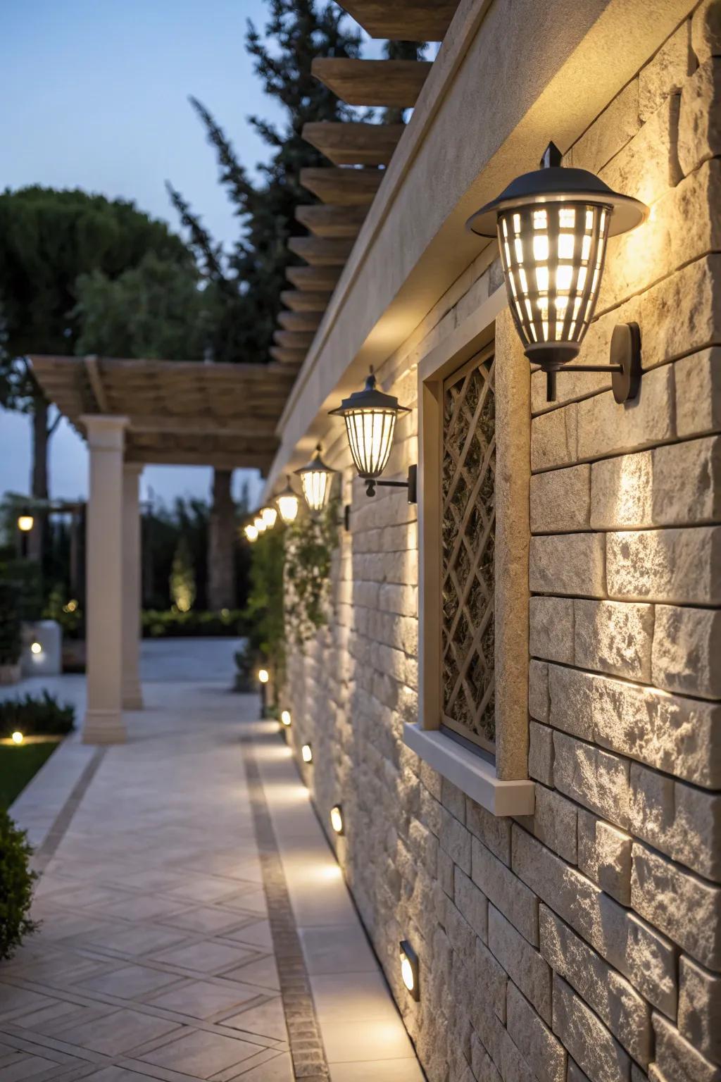 Sculptural illumination adds both artistry and radiance to the patio wall.
