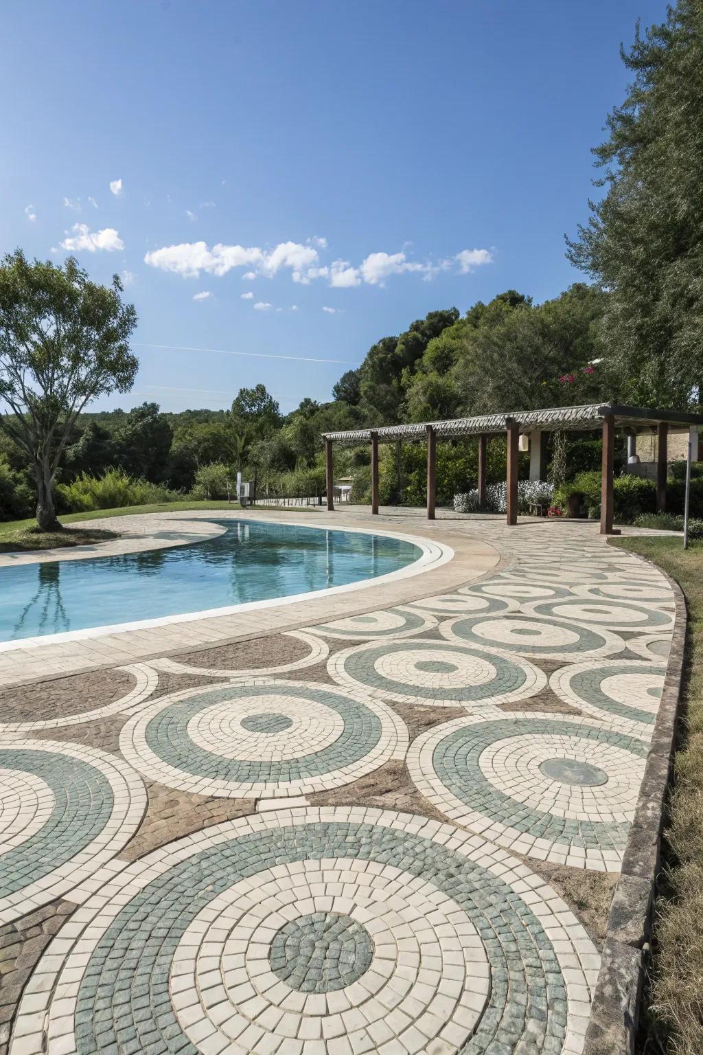 Paver designs with circles provide a striking point of interest.