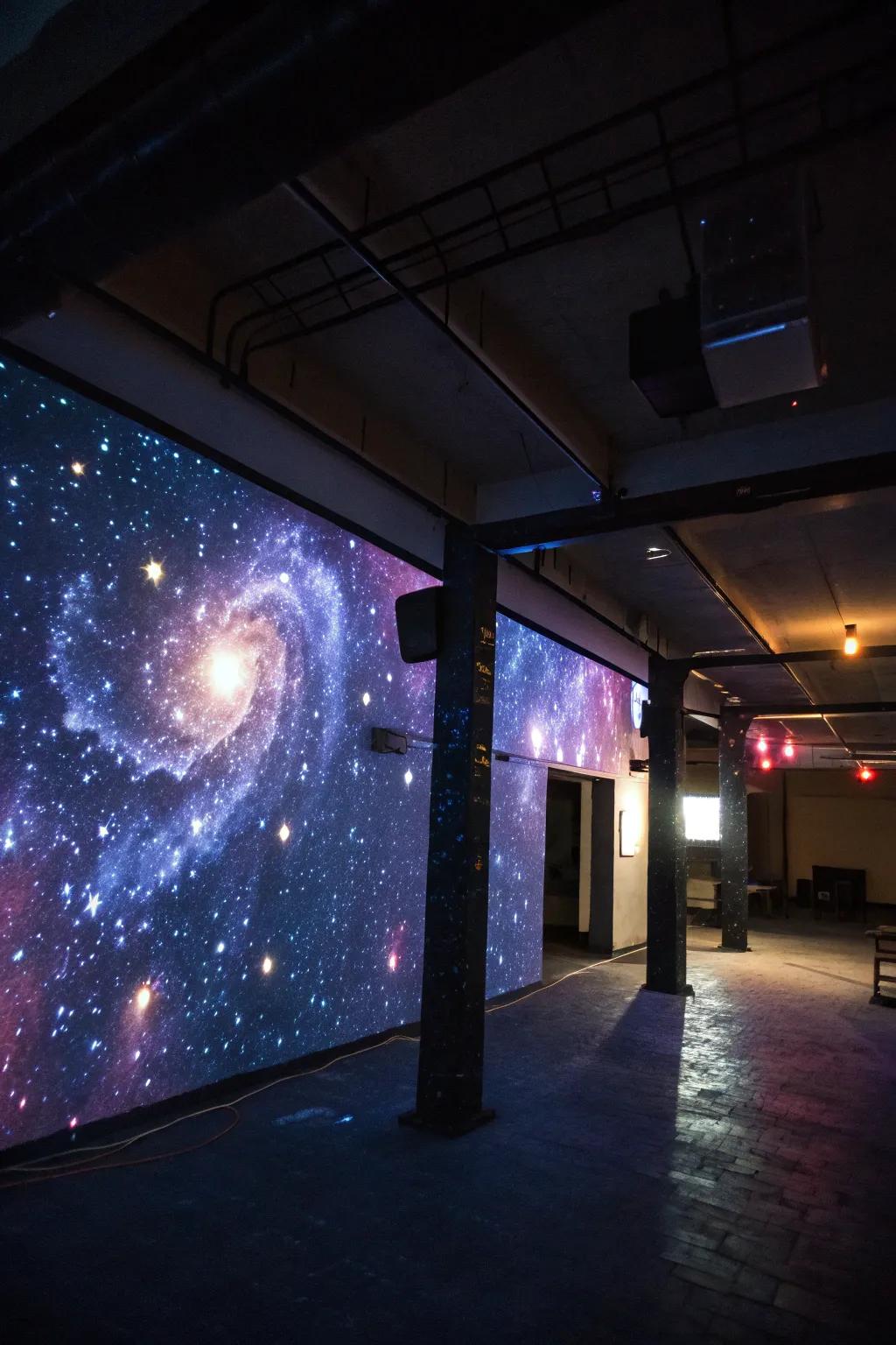 A galactic-themed partition incorporating cosmic projections, establishing a stellar photographic opportunity area.
