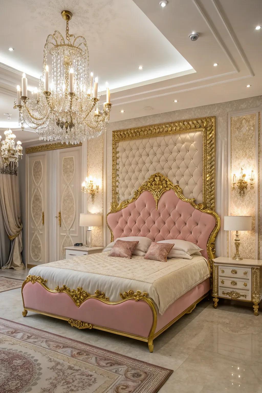 A glamorous and opulent space featuring a pink and gold headboard.