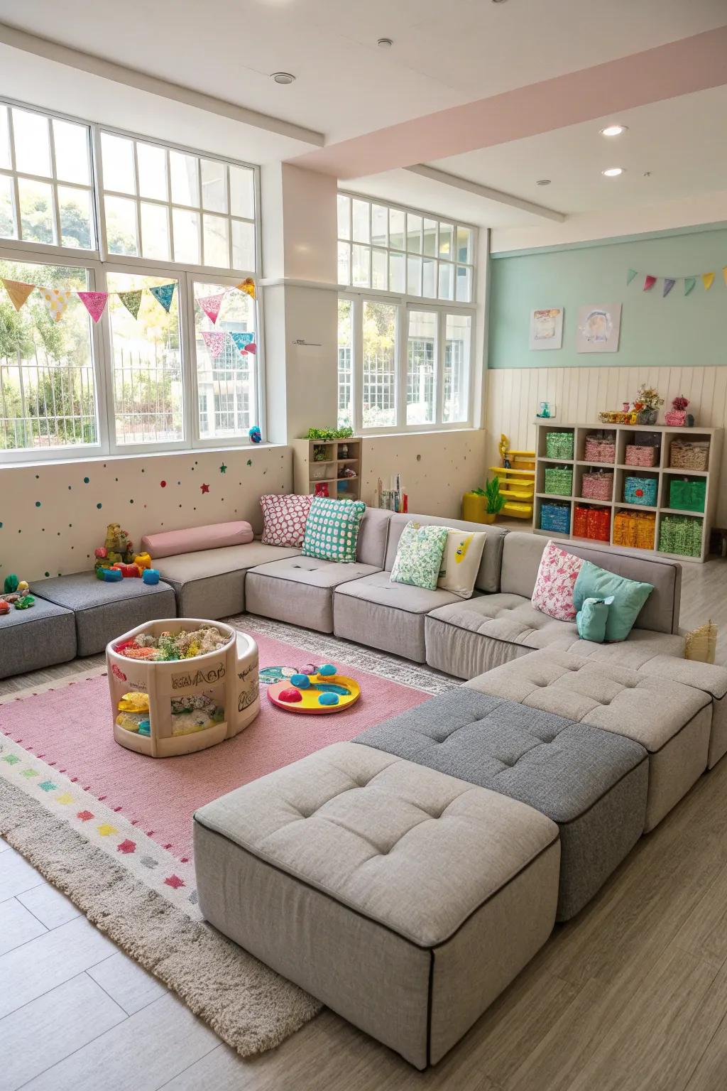 A flexible playroom showcases adaptable seating pieces.