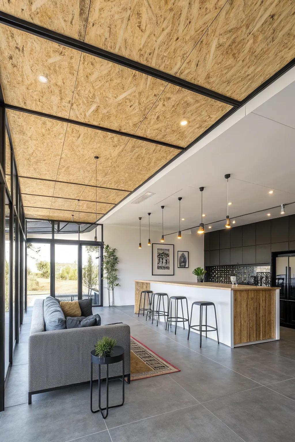 A modern room where contrasting elements enhance the plywood roof's appeal.