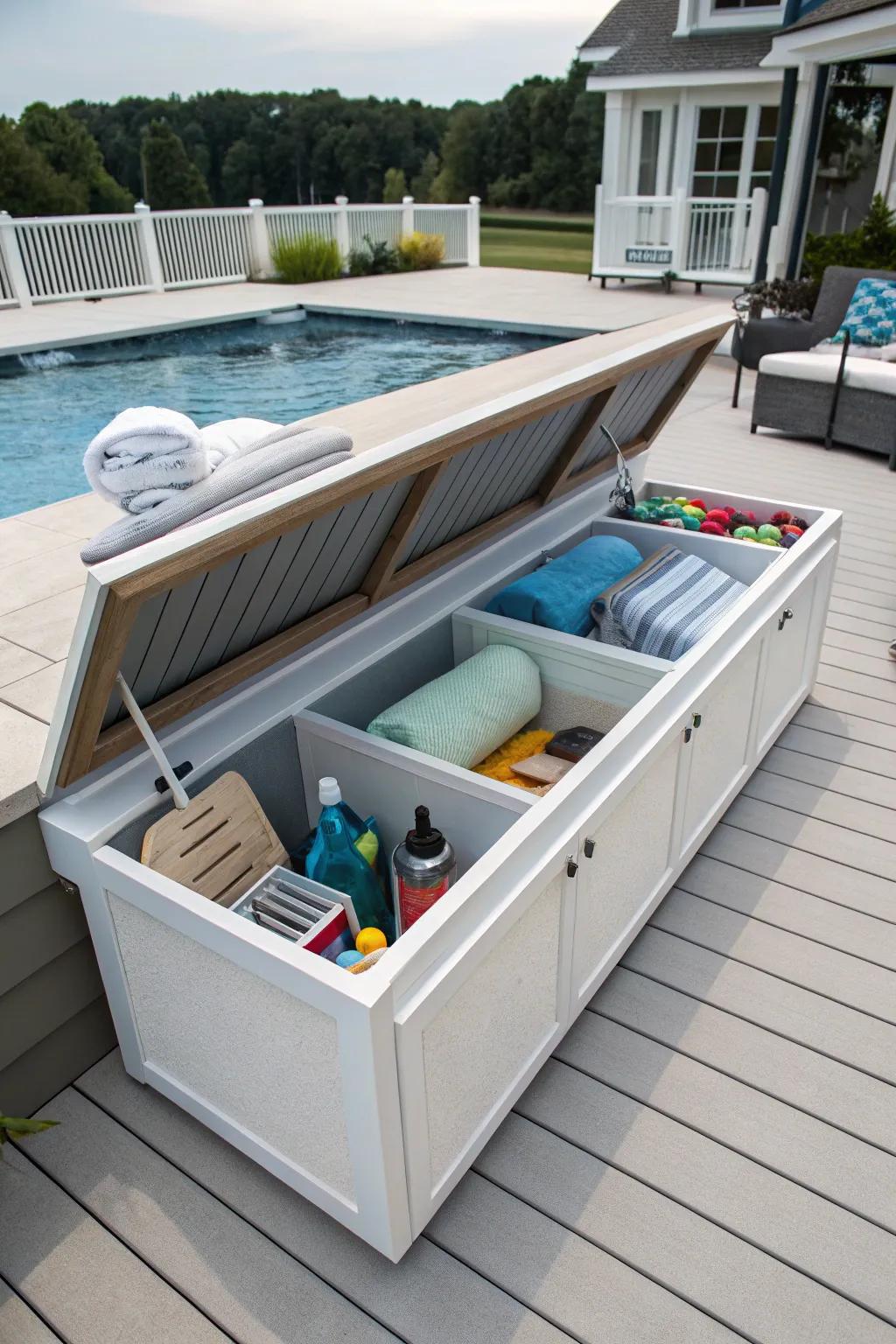 Built-in storage solutions keep your pool deck tidy and organized.