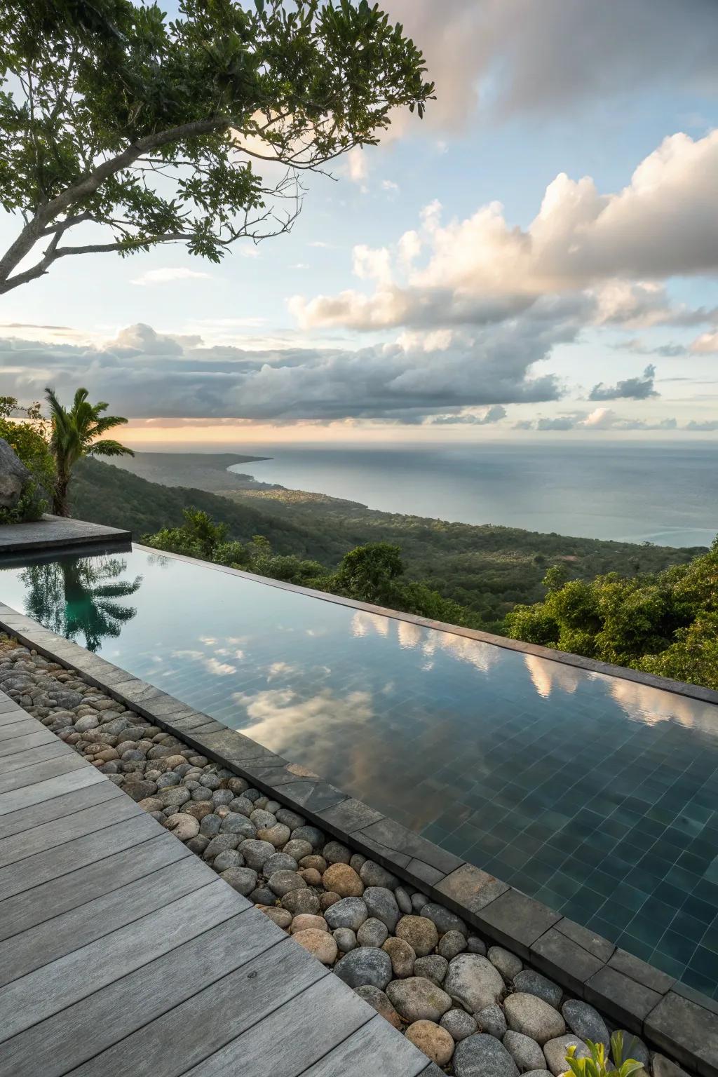Experience the breathtaking view of an infinity pool deck.