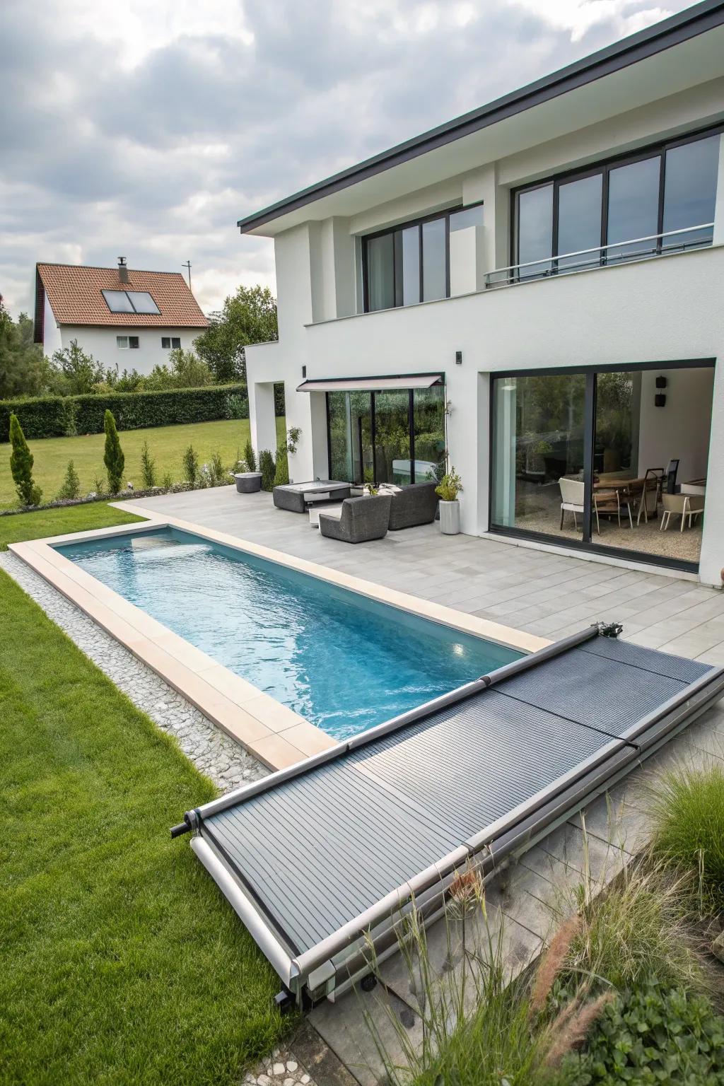 A modern pool featuring a functional pool shield.