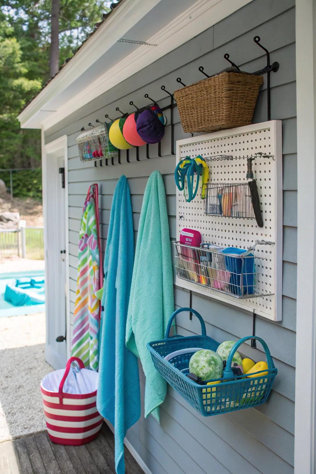 A pegboard permits adaptable and seasonal storage resolutions.