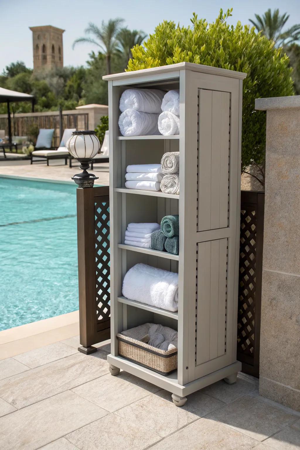 Efficient corner enclosure for stylish towel storage.