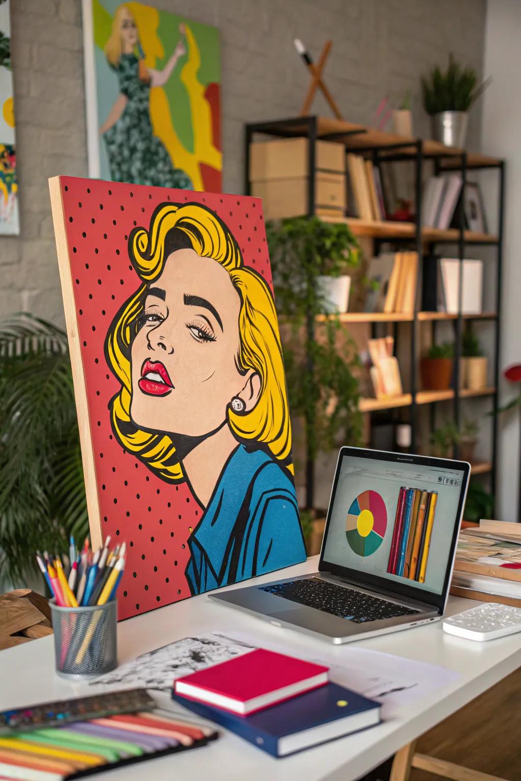 A humorous art painting of a meme brings life to the workspace.