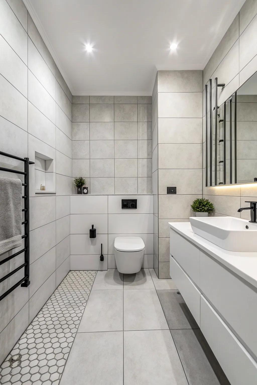 Monochrome squares accentuate pristine contours and simplicity in this streamlined, contemporary washroom.