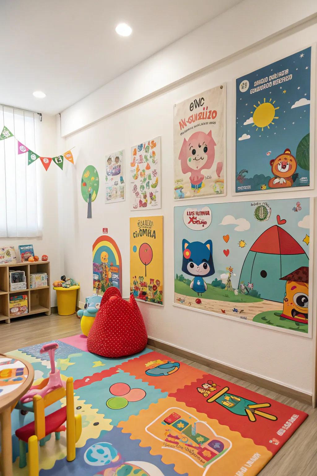 A cheerful room enhanced by whimsical and playful posters.
