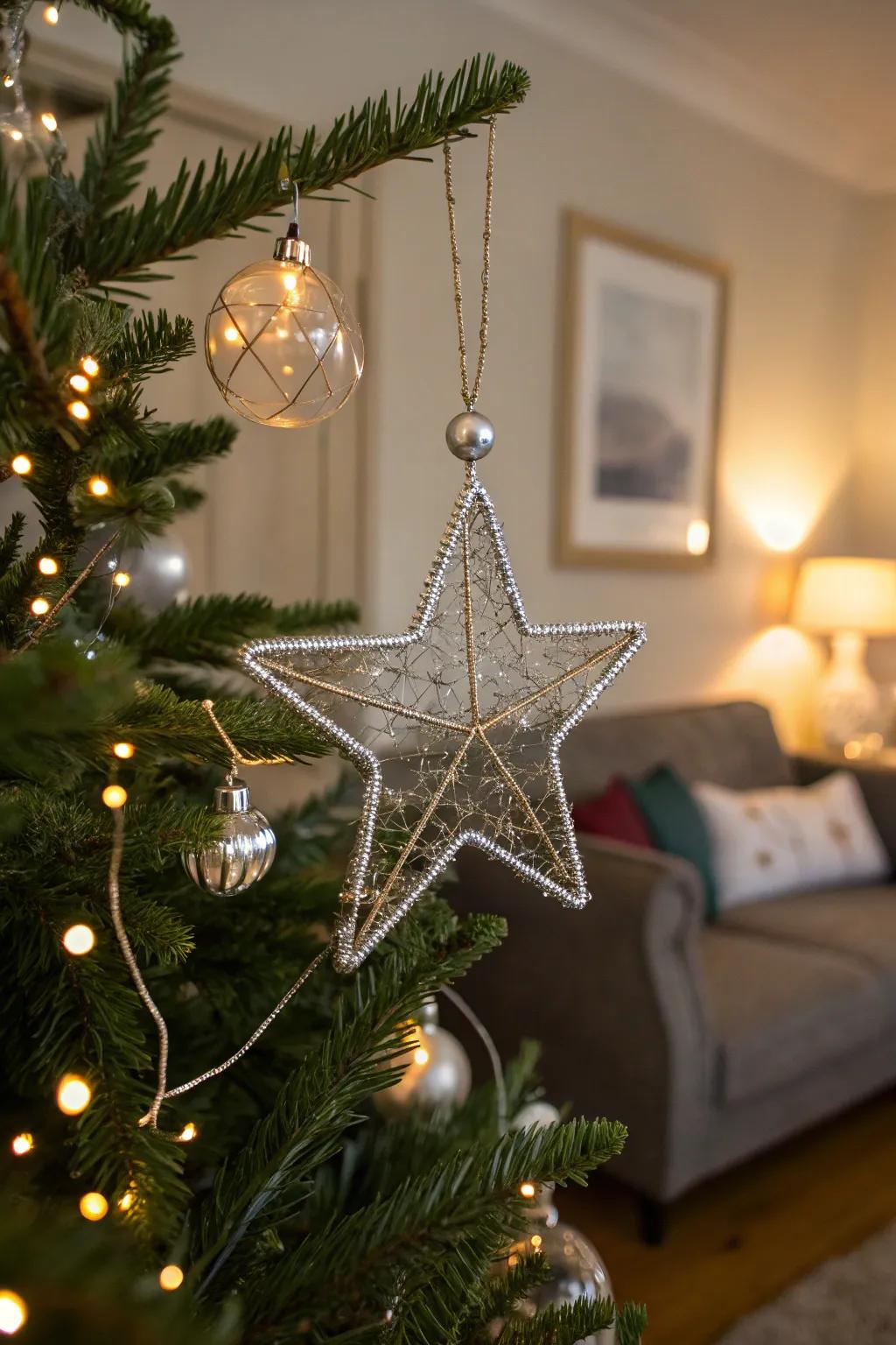 Elegant gleaming star decorations, capturing illumination and imparting shimmer to your holiday decor.