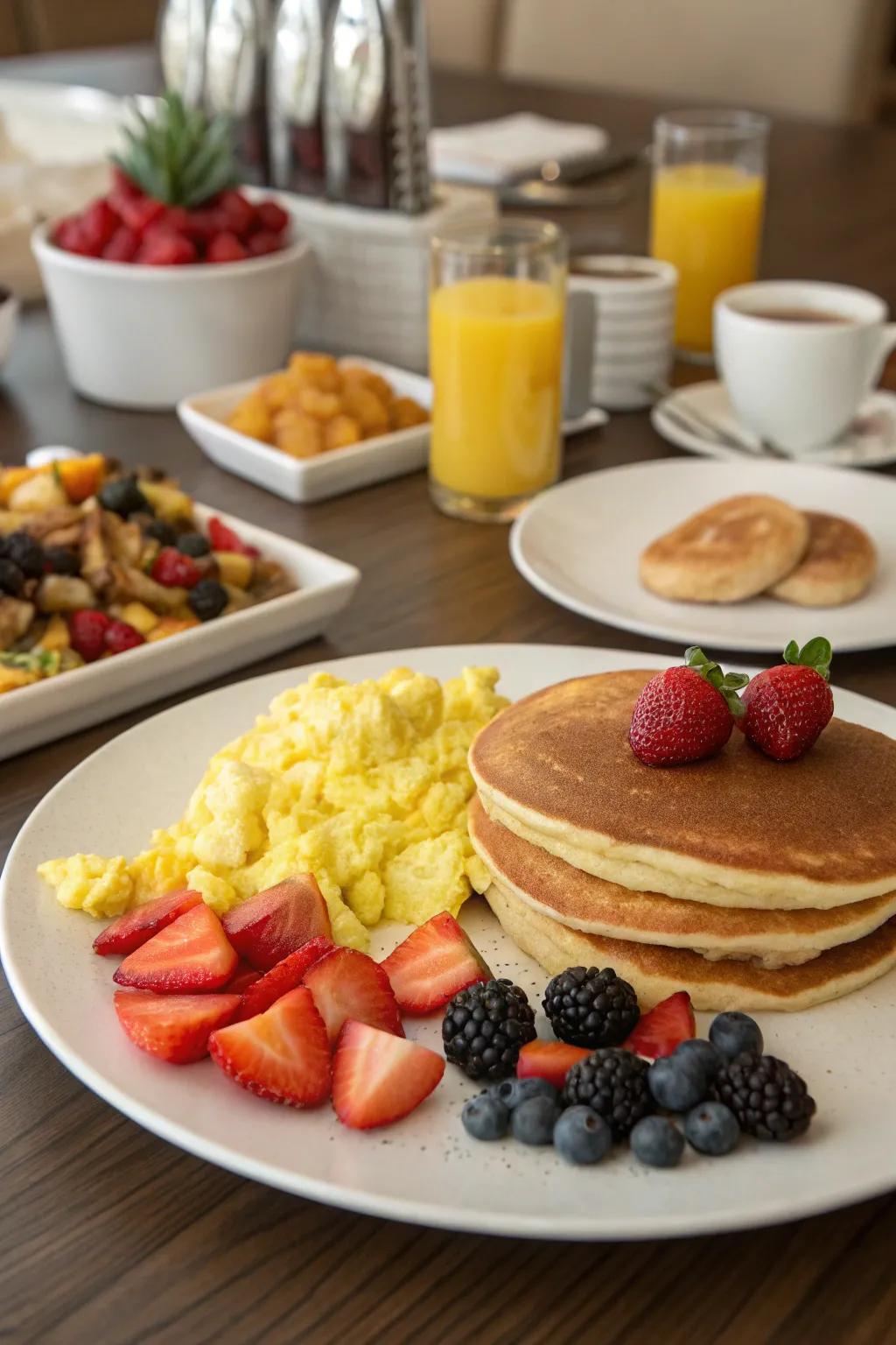 A morning themed feast featuring flapjacks, eggs, and fruits.