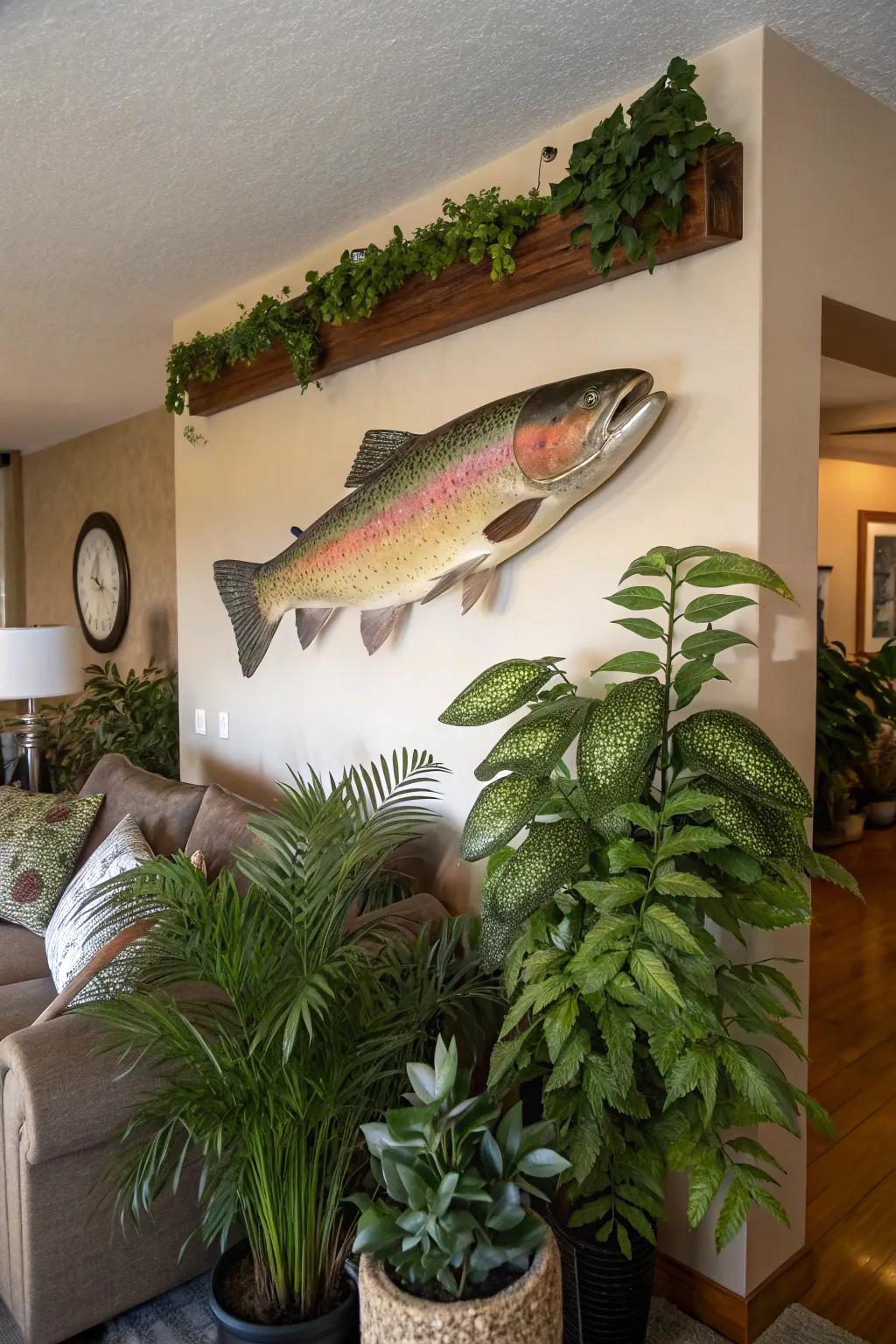 Incorporating greenery with a rainbow trout mount creates a fresh and natural look, enhancing its connection to the environment.