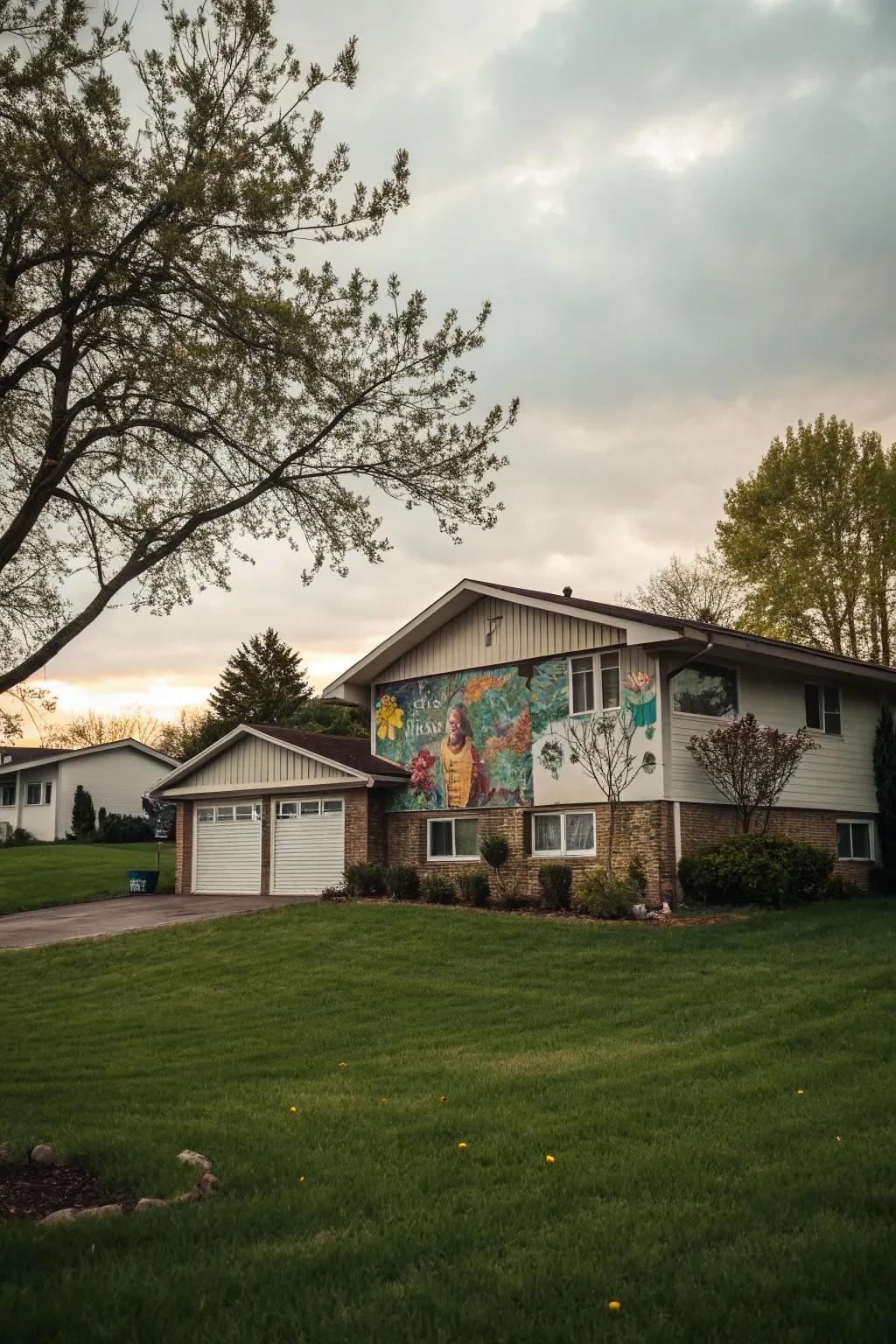 A vibrant artistic wall art transforming the garage partition of a raised ranch.