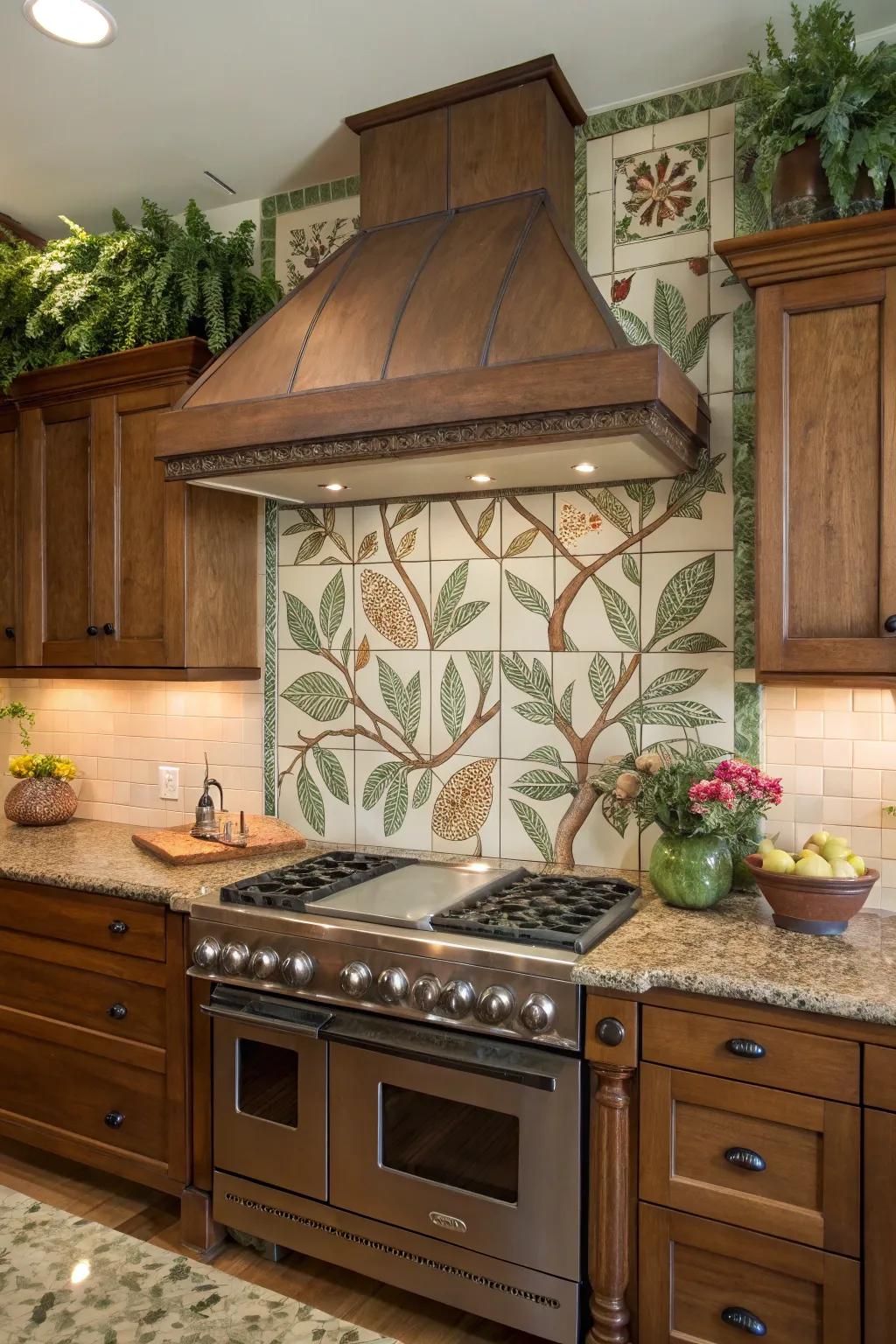Kitchen featuring a nature-inspired tile backsplash using an earthy vent hood for outdoor vibes.