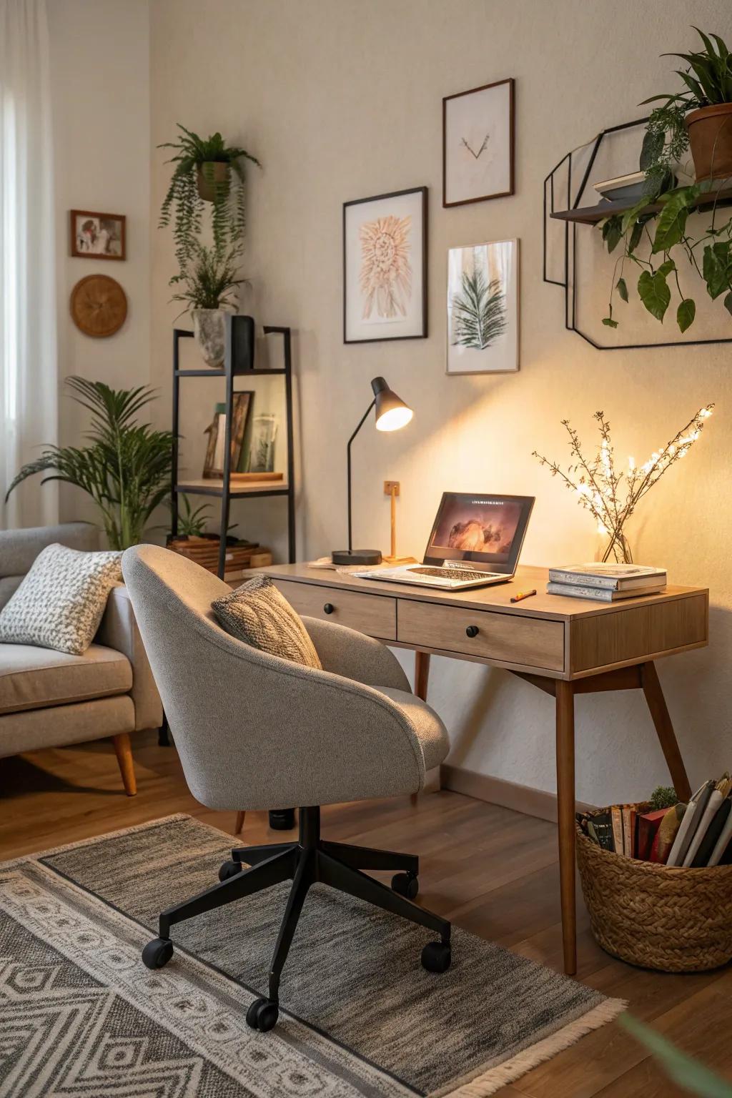A functional and chic work-from-home space within the living room.