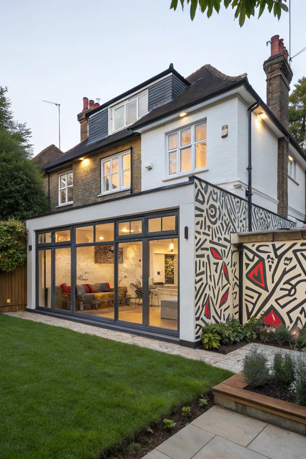 A rear house extension featuring a bold artistic statement wall for added flair.